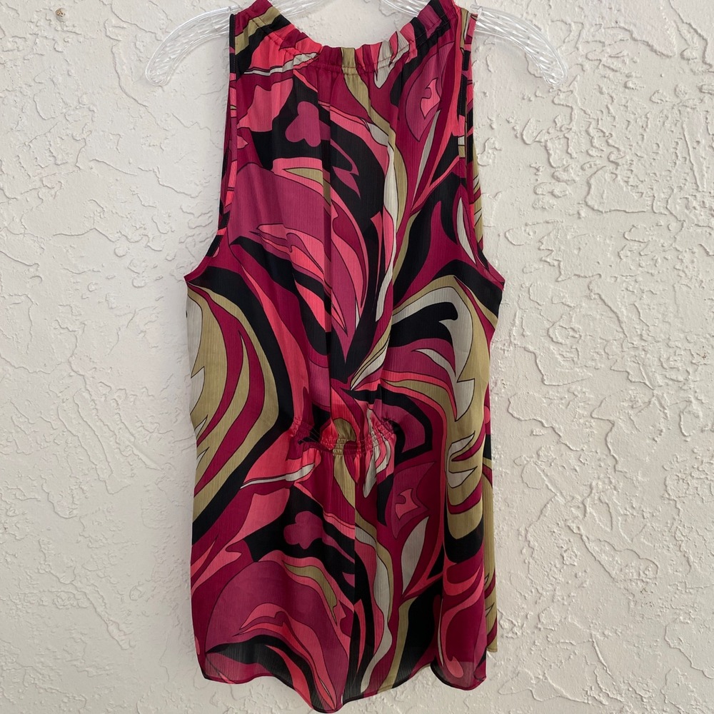 Cache Y2K Funky Print Tank Top Women Large Pink Abstract V-Neck Ruffle - Picture 2 of 7